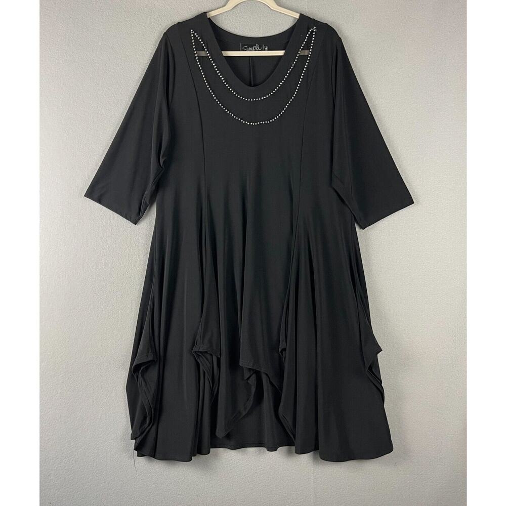 Sympli Grand Tunic Dress Womens 2G Black Rhinestone Mesh Asymmetrical Lagenlook‎